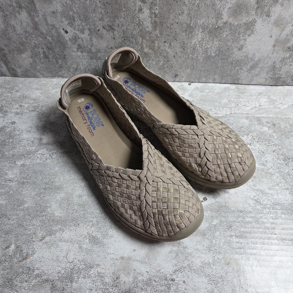 Skechers BOBS Woven Flats Women’s Comfort Slip-On Memory Foam Shoes 10 M Taupe